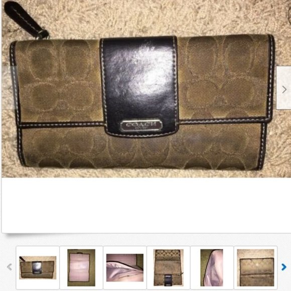 Coach Handbags - Coach Signature Canvas Trifold Wallet, Leather EUC